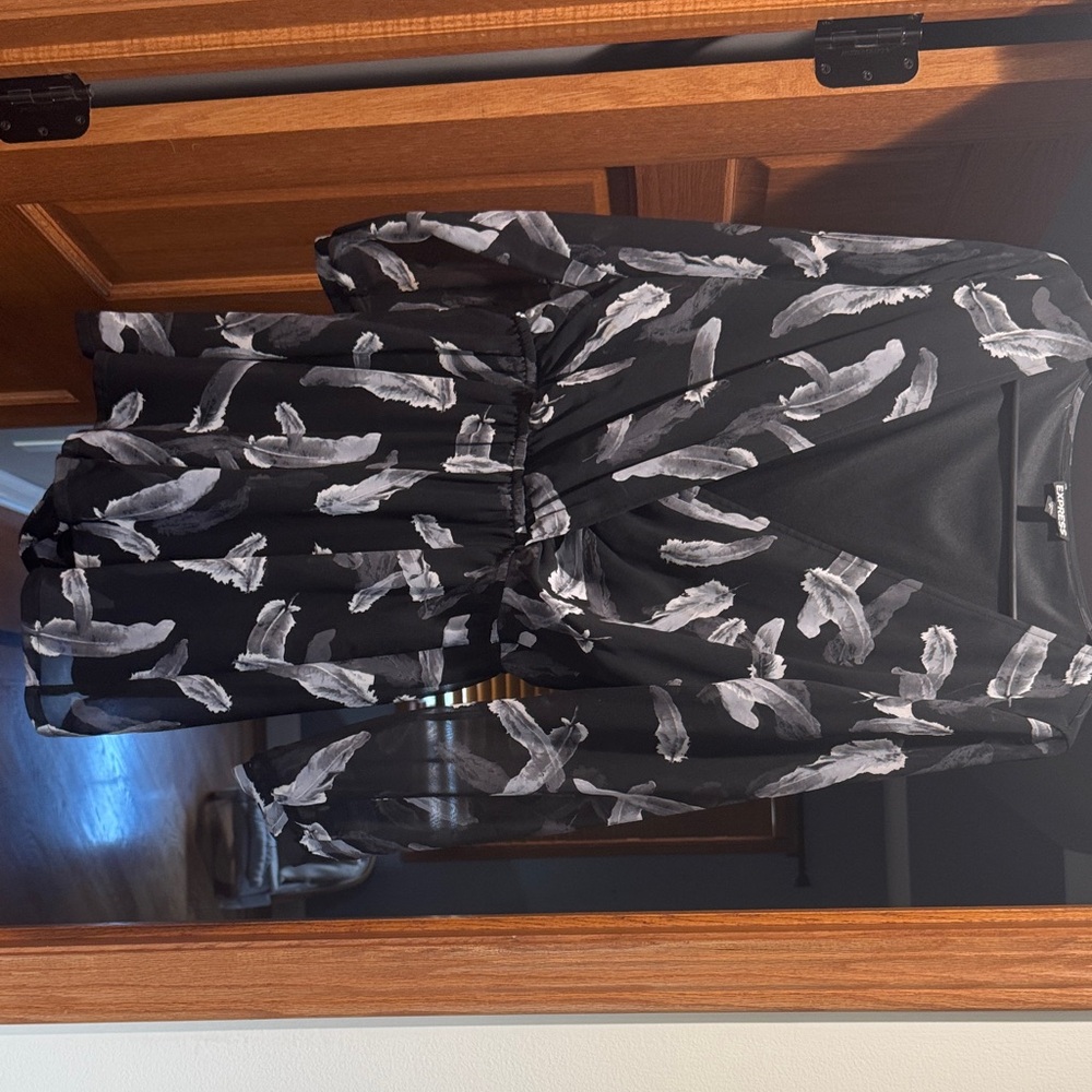 Express Black and Gray Feather Print Jumpsuit